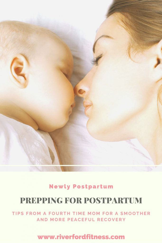 prepping for postpartum pin image mom and baby snuggling on bed