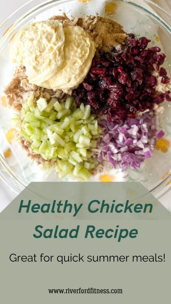 healthy chicken salad ingredients in glass bowl