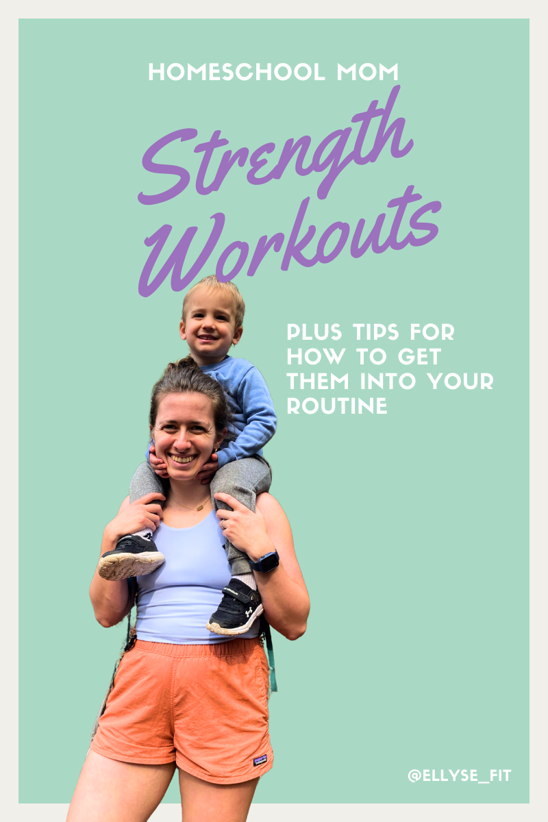 Homeschool mom strength workouts picture of Ellyse with toddler on her shoulders