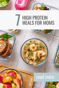 7 High Protein Meals Graphic with meal prep containers including shrimp pasta and apples