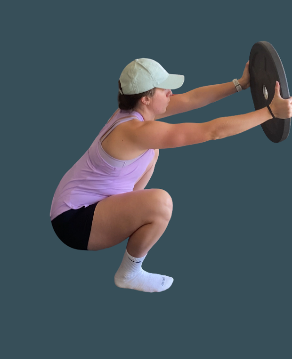 cornelia, georgia personal trainer demonstrating safe postpartum core exercise with plate and squat