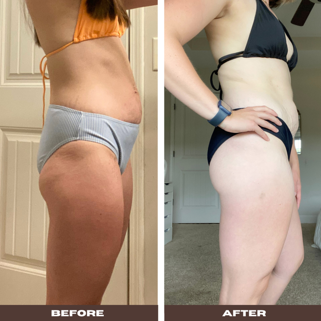 Side-by-side comparison of a woman in a swimsuit showing body changes over time. The left image (May 2024) shows a leaner frame with visible muscle and a slightly drawn-in core. The right image (June 2025) shows a fuller, more relaxed core and hips, indicating improved nourishment and strength. Both photos reflect physical progress, but the second image represents deeper recovery and sustainable health.