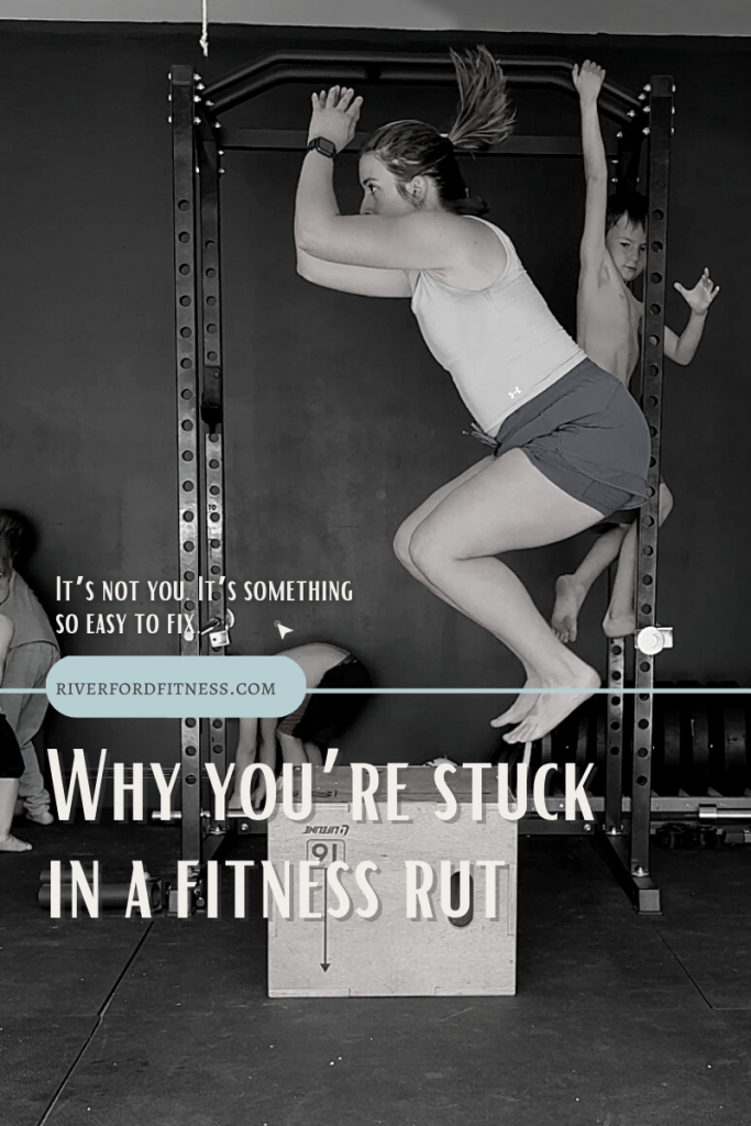 Woman in fitness clothes doing a box jump and blog graphic that says "how to get out of a fitness rut"
